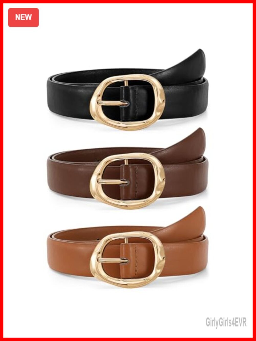 3 Pack Women's Faux Leather Belts with Gold Buckle, Waist Belt for Jeans and